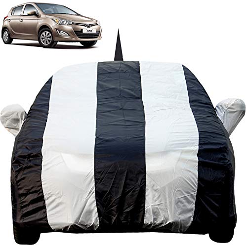 Image of Autofact Car Body Cover for Hyundai I20 Old Model (2008 to 2014) with Mirror and Antenna Pocket (Light Weight, Triple Stitched, Fully Elastic, White Stripes with Navy Blue Color)