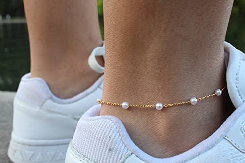 Venoco Layered Ankle Bracelets For Women Girls 14K Gold Dainty Foot Jewelry Pearl Anklet Summer Beach Minimalist Ankle Bracelet Charm Foot Chain Jewelry Gifts #TOP2