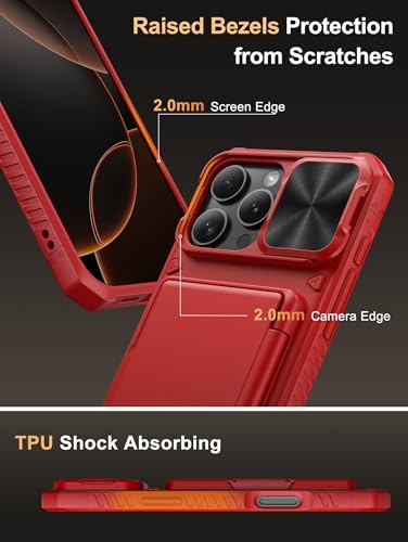 Image of Vihibii for iPhone 16 Pro Max Wallet Case with Card Holder (4 Cards) [RFID Blocking] & Slide Lens Cover & Raised Edges Protect Screen, Shockproof Rugged Phone Cover for iPhone 16 Pro Max, Red