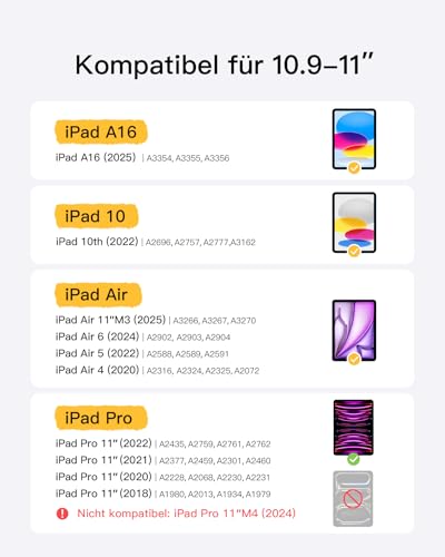 Inateck iPad 10 Generation Hülle mit Tastatur, für iPad 11 Gen. A16 2025 11 Zoll, Air 11 Zoll M3/M2 (2025/2024),Air 5/4, Pro 11 4/3/2/1,QWERTZ,Ultraleichte Tastatur mit Stifthalter,AirTap BK2007 2