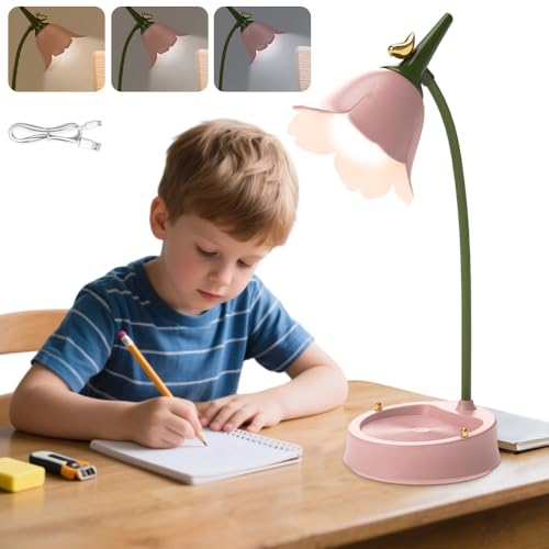 Gobesty Schreibtischlampe Kinder, Dimmbare Schreibtischlampe Mädchen, USB Schreibtisch Lampe mit 3 Farbtemperaturen und Flexibles Arm Touch Tischlampe für Kinder Lesen, Rosa