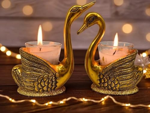 Image of Mruli Krishna Swan Tealight Candle Holder Set, Gold Metal, 13.5 cm Height, 14 cm Length, 2 Pieces