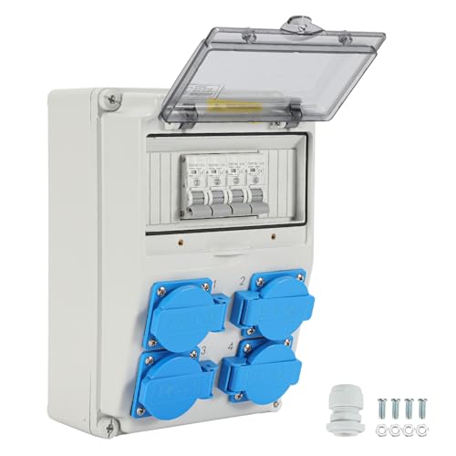 Peviasot - Distribuidor de pared con 4 enchufes Schuko 16A 250V, 4 enchufes CEE 16A 1P, dispensador de corriente de construcción con disyuntor e impermeable