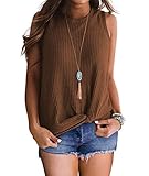 THANTH Womens Shirts High Neck Tank Tops Casual Summer Sleeveless Shirts Twist Knot Waffle Knit Tunic Tops Blouses Brown L