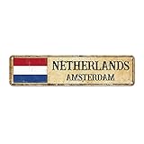 Madcolitote Letreros de calle de los Países Bajos personalizados de bandera de los Países Bajos Amsterdam Capital Country City Souvenir Cartel de lata de metal rústico amarillento decoración del
