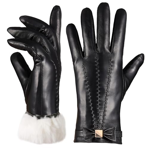 OCXMME Very Elegant Warm Fur Lined Leather Gloves Women Bow