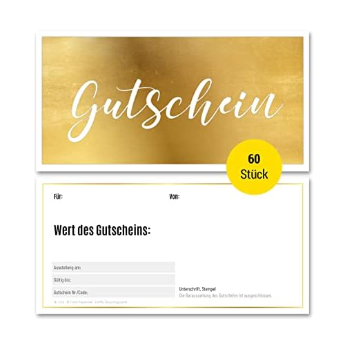 Frank Paperman® | 60x Geschenk Gutschein blanko für Kunden mit funkelnder Goldprägung | Gutscheine zum selber Ausfüllen | Gutschein Vordruck im Format DIN Lang Plus