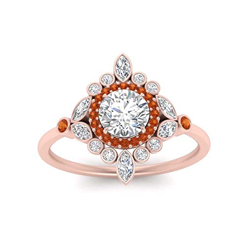 Image of 55Carat Choose Your Gemstone Round Halo Floral Engagement Ring Rose Gold Plated Round Shape Vintage Engagement Rings Everyday Jewelry Wedding Jewelry Handmade Gifts for Wife US Size 4 to 12