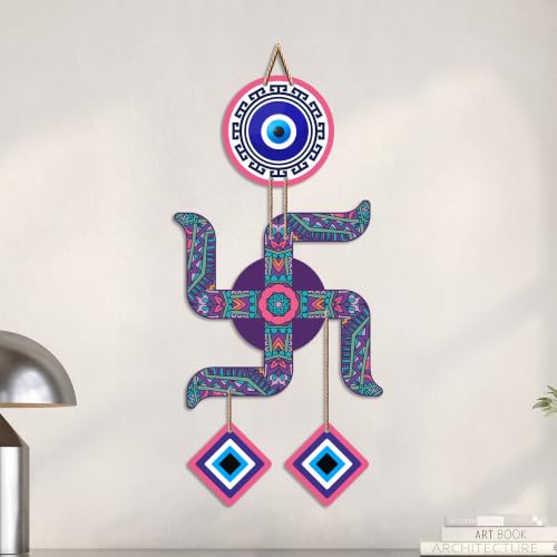 Image of Artvibes Swastik Evil Eye Wall Hanging for Home Entrance Door Decor | Sacred Hindu Swastik Symbol with Nazar Battu Protection for Positive Energy | Good Luck | Vastu & Spiritual Wall Art (WH 85108N)