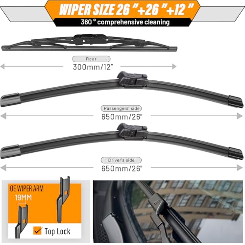 Image of OEM Windshield Wiper Blade Replacement for Chevy Bolt EV 2017 2018 2019 2020 2021 Original Equipment All-Season Rear Wiper Blade Set 26+26+12 (Set of 3)