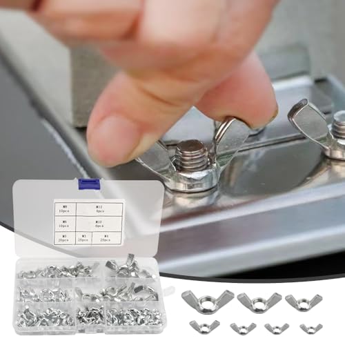 Flügelmuttern Sortiment Kit Flügelmutter Edelstahl, Muttern Set M3 M4 M5 M6 M8 M10 M12，Flügelschraube Hardware Tools, Schmetterlings Flügelschrauben, Flügelmutter Satz （100 Silber）