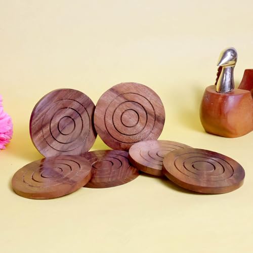 Image of Saras Aajeevika 6 Pc Set of Handmade Wooden Round Curved Coaster /Coster with Brass Kettle Shape Holder for Kitchen Decor Hot Pots, Tea Cups, Coffee Mugs, Glasses Coaster Sets (Design 2)