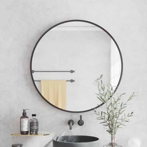 Dripex Espejo de Pared Redondo,50cm, con Marco de Aluminio Negro, Espejo Decorativo Pared para Baño, Tocador, Salón y Recibidor, Fácil de Instalar