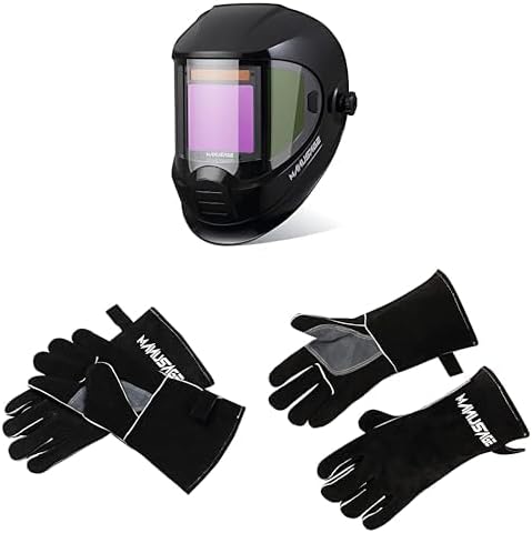 Bundle of MANUSAGE Panoramic View Welding Helmet Auto Darkening, Welding Hood with 4 Arc Sensor Solar Power(E980S) + Manusage Welding Gloves,14 Inches Leather Welding Gloves 932℉ Heat Resistance