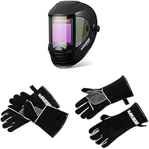 Bundle of MANUSAGE Panoramic View Welding Helmet Auto Darkening, Welding Hood with 4 Arc Sensor Solar PowerE980S + Manusage Welding Gloves,14 Inches Leather Welding Gloves 932F Heat Resistance