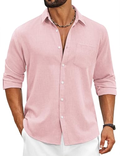 COOFANDY Men's Textured Button Down Shirts Basic Solid Linen Business Casual Shirt Light Pink