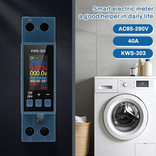 DEWIN Stromzähler Hutschiene, 8-in-1 KWS-303 Voltmeter Wattmeter Ausschalter AC Spannung Strom Leistungsmesser Energie Monitor 40A AC 230V