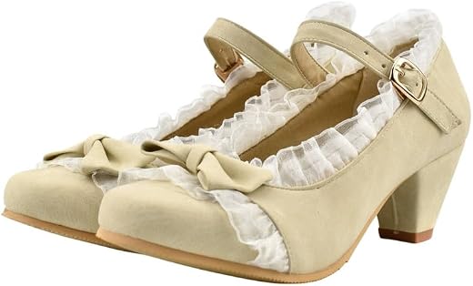 JKaur® Women's Thick Mid-Heel Sandals | Round Buckle Design Lace Detail Footwear | Beige - 44