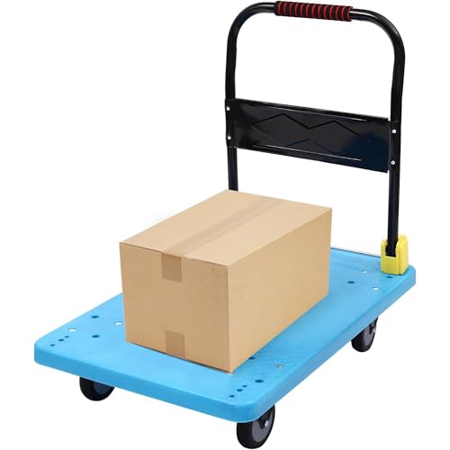 Image of BonKaso 450Kg Heavy Duty Metal Platform Trolley | Foldable Hand Truck with 4 360 Rotating TPR Wheels & Cushioned Grip | Cart for Warehouse, Office & Home (91.5 x 58.3 cm) Blue