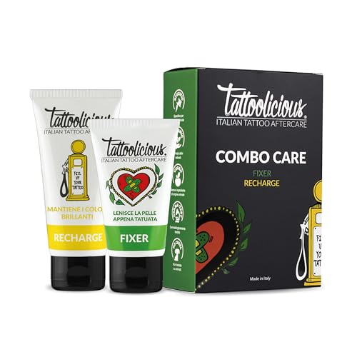 Tattoolicious COMBO CARE – Kit After Care Post-Tattoo e Mantenimento | FIXER 75ml + RECHARGE 100ml | Con Ingredienti Naturali e Principi Attivi Bio, Vegan, Cruelty Free, Derma Tested | Made in Italy.