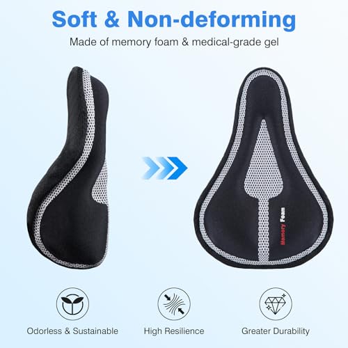 Bike Seat Cushion, Memory Foam and Gel Narrow Bike Seat Cushion Cover for Men Women, Comfortable Bicycle Seat Cover Saddle fit with Exercise/Mountain Road Cycling Bike, Outdoor & Indoor