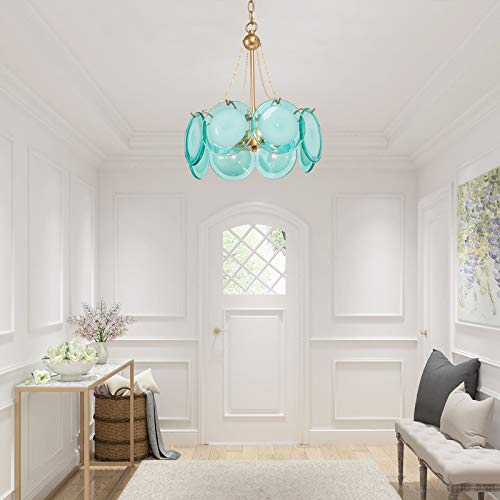 Chandeliers For Dining Rooms, Gold Drum Chandelier, Modern Pendant Light Fixtures With High-End Blue Glass Shade And Gold Finish For Kitchen Island, Foyer & Bedroom #TOP4
