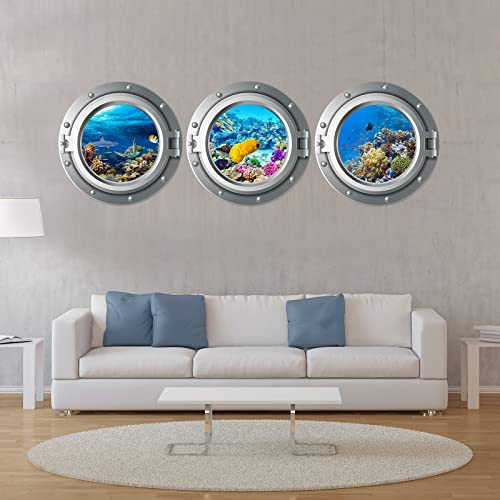 3Pcs Undersea Various Tropical Fish Corals Decorative Wall Decals Stickers 3D Porthole Decoration Wall Sticker Removable Vinyl Peel And Stick Porthole Sea Life Art Sticker #TOP2