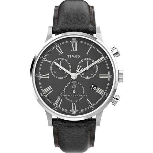 TIMEX Men's Waterbury Classic Chronograph Black Leather Strap Watch, Black, 40 mm