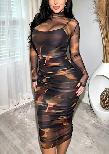 Image of MOEENCN Sexy Long Sleeve Midi Dress for Women Sheer Mesh Printed 2 Piece Skirt Set Crew Neck See Through Bodycon Party