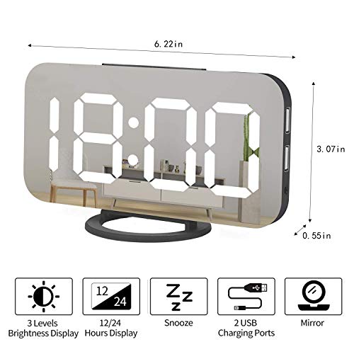Miowachi Digital Alarm Clock,Large Mirrored Led Clock,Snooze,Dim Night Light 2 Usb Charger Ports Desk Alarm Clocks For Bedroom Decor (Black) #TOP5