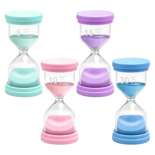 Sanduhren Set, 4 Bunt Sanduhr Zähneputzen Kinder 5/10/15/30 Minuten, Eieruhren Set Zeitmesser Sanduhr für Küchen, Klassenzimmern, Spiele, Zuhause Büro Dekoration
