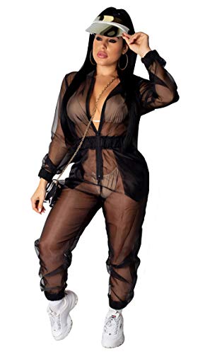 Aro Lora Women's Long Sleeve Sheer Mesh See Through Solid Hoodies One Piece Pant Outfit Casual Sport Jumpsuit Romper X-Large Black