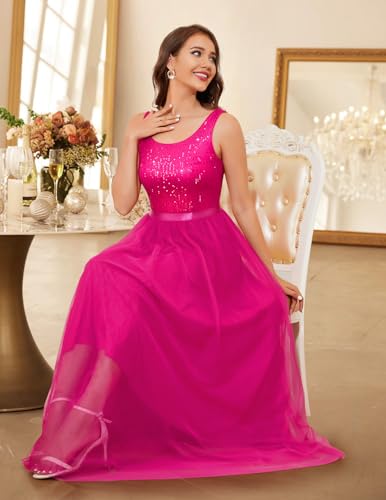 Image of BeryLove Sequin Dress for Woman Vintage A Line Wedding Formal Swing Mesh Dress Sleeveless Cocktail Maxi Gowns