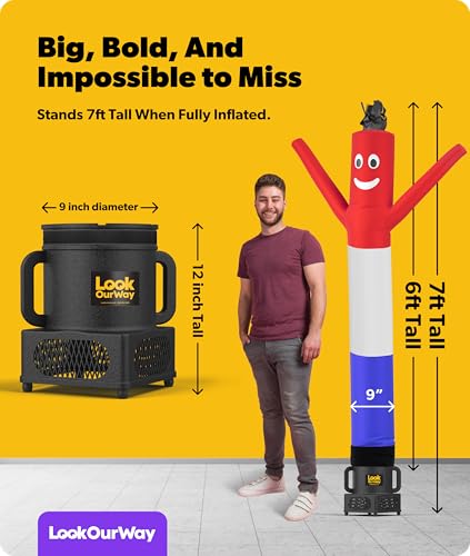 Image of LookOurWay Air Dancers Wacky Waving Inflatable Tube Guy - 7ft Tall Inflatable Advertising Waving Dancing Man with Sky Dancer Blower - Red /White /Blue