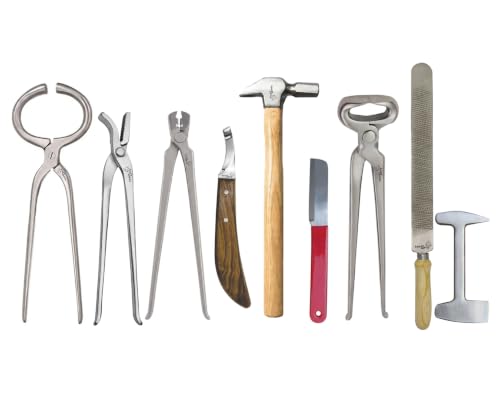 Horse Farrier Tool Kit – 9 Piece Complete Hoof Care Set with Hoof Nippers, Hoof Knife, Rasp, Clincher, Puller, Hammer & Grooming Tools – Professional Equine Hoof Trimming & Shoeing Kit for Farriers