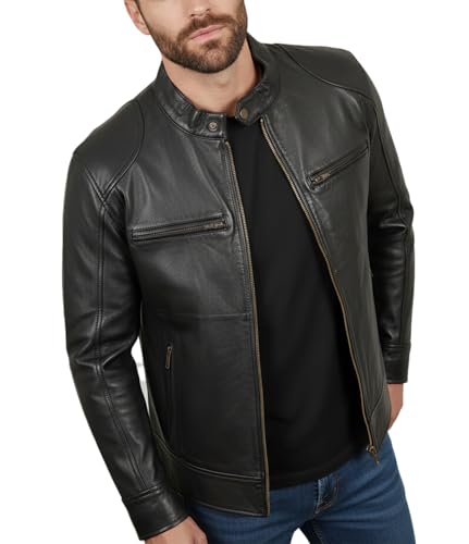 Image of Vintage Cafe Racer Leather Jacket Men Retro Motorcycle Racing Jacket