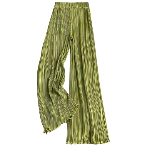 WANLUOSUX Plisse Pants for Women Satin Silk Wide Leg Pleated Pants Green
