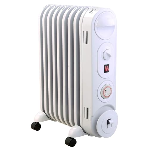 MYLEK Oil Filled Radiator Heater Electric, Portable 2KW White, Thermostat and 24hr Repeat Timer, 3 Heat Settings, Unique Safe Panel Fin Design (2000W White)