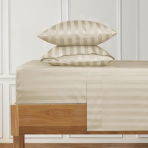 URBANHUT 800 Thread Count Egyptian Cotton Damask Striped Twin Size Sheets Set (4 Pc) - Ultra Soft & Smooth, Sateen Weave Twin Size Bed Sheets, Luxury Hotel Sheets with 16" Deep Pocket - Ivory