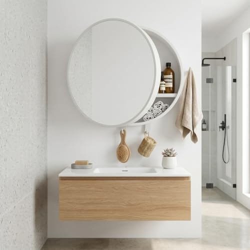 Image of BRANCO Pearl Round Bathroom Mirror Cabinet with One Towel Holder & 2 Accessories Hooks | Wall-Mounted Modern Design Cabinet with Storage | Bathroom Organizer with 6 Toothbrushed and Toothpaste Holder