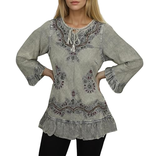 Agan Traders Women's Boho Embroidered Kurta Top – Vintage Rayon Boho Top for Women with 3/4 Sleeves, Ruffle Hem & Tie Neck (147 SilC, 3X,)
