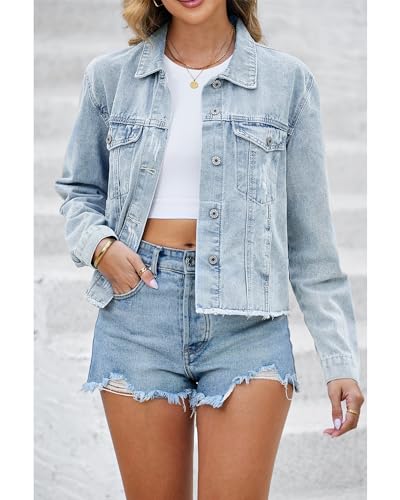 LookbookStore Jean Jackets for Women Trendy Button Down Denim Trucker Jackets Long Sleeves Frayed Hem Shacket Jacket2