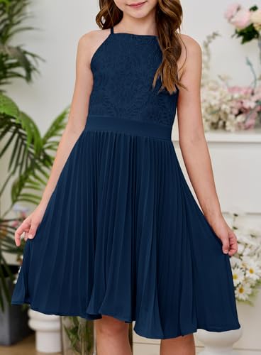 HOSIKA Girls Halter Neck Summer Sleeveless Elegant Floral Lace Chiffon A-Line Flared Swing Party Dress for 6-12 Y3