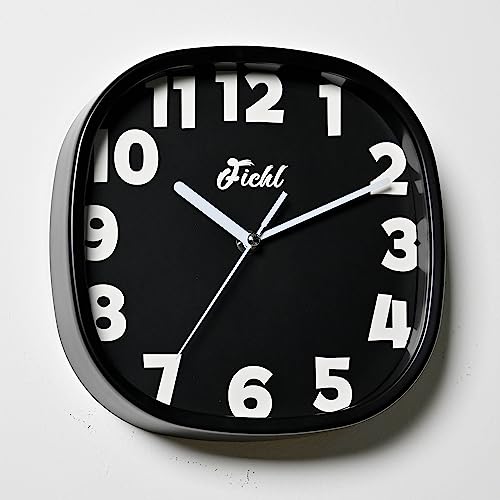 Fichl 9-Inch Small Silent Black Square Cubesugar Wall Clock, Discover Elegance With Modern Black & White. Unique Over-The-Edge Numbers, Non-Ticking Sweeping, Durable Plastic Frame & Clear Glass Panel #TOP1