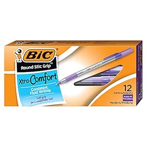 BIC Round Stic Grip Xtra Comfort Fashion Ball Point Pen, Purple, 12 Pack