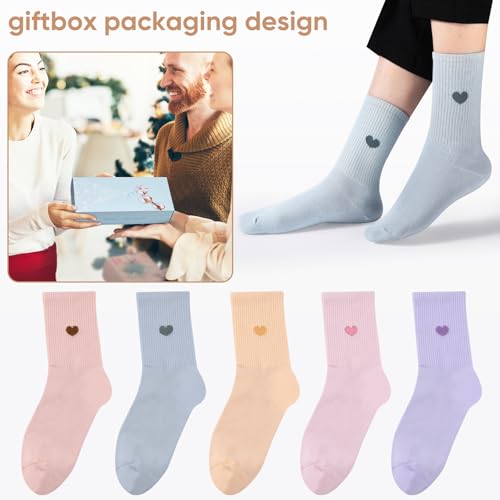 Image of Corlap Women's Cotton Crew Calf Socks - 5 Pairs Ankle High Dress Casual Socks, Fun Cute Heart Gifts for Mom Mother