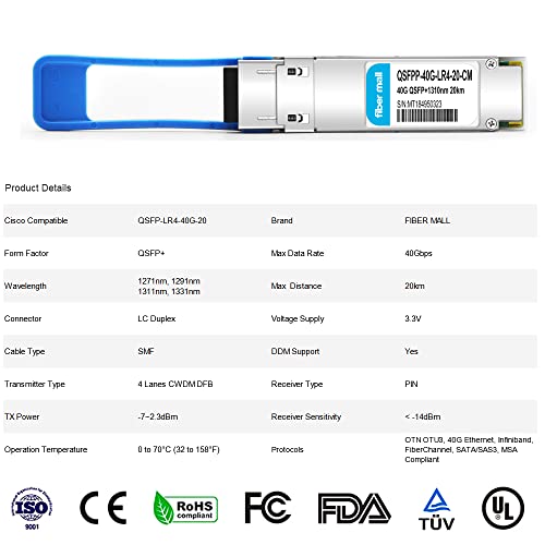 Image of 40GBASE-LR4 Optical Transceiver Module Compatible with Cisco QSFP-40G-LR4-20, 40G LR4 1310nm,CWDM4 20km SMF,LC DOM