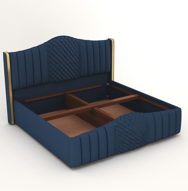 Image of King Size Modern Upholstered Bed with Box Storage For Bedroom | Solid Wood Platform Bed with Premium Fabric Headboard | Storage Double Bed for Master Bedroom & Modern Home Decor | Navy Blue