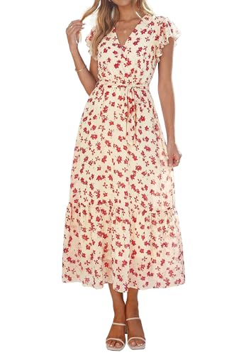 Image of PRETTYGARDEN Women's Summer Floral Boho Maxi Dress Short Sleeve Wrap V Neck Ruffle Long Flowy Beach Wedding Guest Dresses