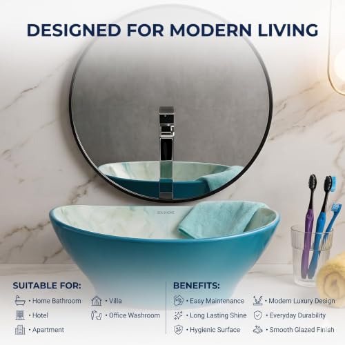 Image of Elegant Designer Ceramic Vessel Sink, Table Top Wash Basin for Bathroom, Hotel & Home Vanity Counter, Modern Over Counter Basin, 16 x 13 x 5.5 Inch